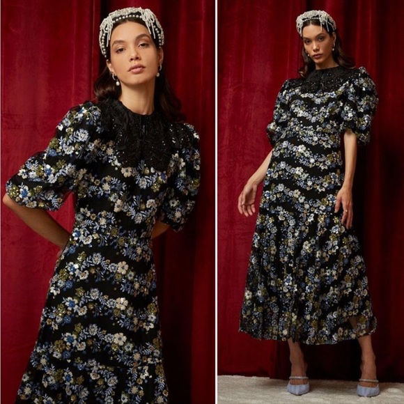 New Sister Jane Dream Podium Sequin Floral Puff Sleeve Dress Black Small Nwot